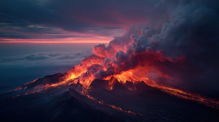 Bright lava bursts from a volcanic mountain at twilight. Thick smoke billows into the sky as molten rock flows down the slopes creating a dramatic natural scene.の素材