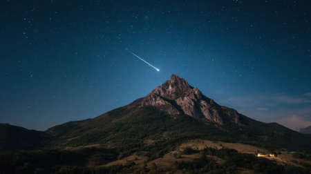 Stunning view of a mountain peak illuminated by a shooting star under a starry night sky. The landscape is serene evoking a sense of calm and wonder.の素材