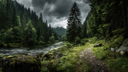 A winding trail beside a peaceful river is flanked by tall trees and thick greenery. Dark clouds hang above hinting at a possible rain. The scene feels calm and untouched by humans.の素材