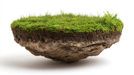 A unique floating island features vibrant grass and rich soil suspended in the air against a clean white backdrop. The scene creates a surreal and imaginative landscape.の素材