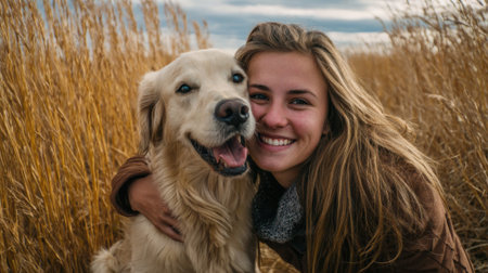 A girl with long hair smiles widely while embracing her golden retriever in a field of tall yellow grass. They enjoy a joyful moment together on a cloudy day.の素材