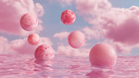 Bubbles of pink float gently on calm water reflecting a dreamy pastel sky. The scene exudes tranquility and whimsy as clouds drift by softly.の素材