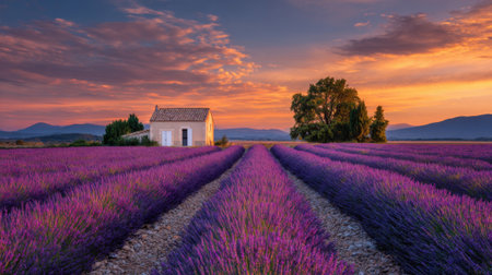 Sunset over blooming lavender fields showcases rows of vibrant purple flowers surrounding an old house. The colorful sky adds a tranquil ambiance to the rural landscape.の素材
