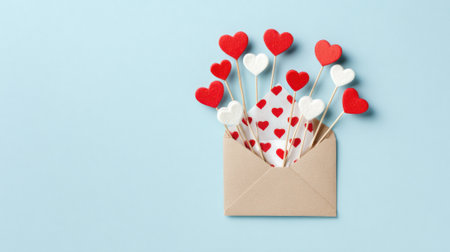 A beige envelope sits on a blue surface with a card inside. Red and white heart-shaped decorations on sticks pop out creating a cheerful display perfect for celebrations.の素材