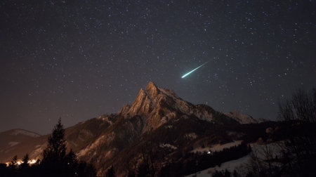 A stunning view captures a mountain under a star-filled sky. A bright meteor lights up the night as it zips across the vast expanse above a serene winter village.の素材