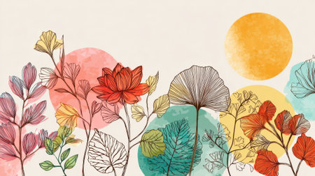 A vibrant composition showcases various flowers and leaves blending bright colors with abstract circle shapes. This artwork highlights creativity and nature in a contemporary style.の素材