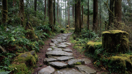 A serene stone pathway leads through a vibrant forest filled with tall trees and rich greenery. The soft mist enhances the tranquil atmosphere of this natural setting.の素材