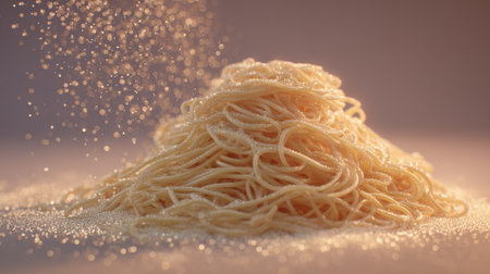 A mountain of cooked spaghetti sits on a surface lightly covered with a sprinkle of cheese. The scene has a warm inviting feel and focuses on the textures of the pasta and cheese.の素材