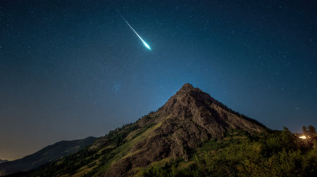 Under a starry sky a bright meteor streaks across the night above a rugged mountain range. The serene valley below contrasts with the stunning celestial display.の素材