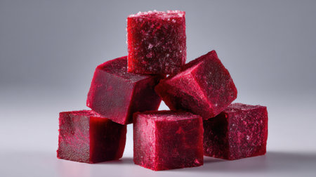 A collection of six bright red ice cubes is stacked artistically on a smooth surface. The cubes glisten under soft light highlighting their vibrant color and icy texture.の素材