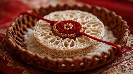 A beautifully decorated rakhi sits on a woven tray filled with white rice symbolizing love and protection. The festive setting captures the spirit of Raksha Bandhan in India.の素材