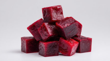 Bright red jelly cubes are stacked on a white surface showing their smooth texture and shiny appearance perfect for dessert or snacking at any time.の素材