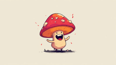 A cute cartoon character resembling a mushroom stands happily on grass. It has a big red cap with white spots smiling widely. The background is light enhancing the cheerful vibe.の素材