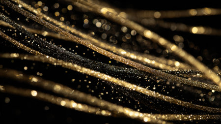 Golden strands twinkle against a dark background creating a festive and enchanting ambiance. The lights shimmer and reflect enhancing the visual appeal of the scene.の素材