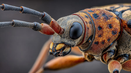 A vivid beetle with remarkable patterns is prominently displayed against a blurred background. Its vibrant colors and textures highlight the beauty of the insect world.の素材