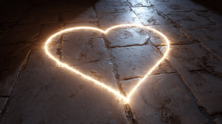 A glowing heart shape is drawn on a stone floor illuminating the dark area. The warm light enhances the romantic vibe perfect for intimate settings and special occasions.の素材