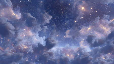 A breathtaking night sky showcases a blend of clouds illuminated by countless stars. The scene reflects tranquility and beauty inviting viewers to contemplate the vast universe.の素材