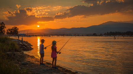 Two young girls stand by the lakes edge during sunset holding fishing rods. The sky is filled with warm colors reflecting on the water creating a peaceful scene.の素材