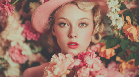 A young woman stands gracefully surrounded by vibrant flowers. She wears a pink hat and holds pink blooms showing her beauty in a spring garden. The scene radiates warmth and charm.の素材