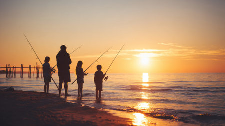 A parent and three children stand on the sandy beach holding fishing rods. They are enjoying a serene sunset with gentle waves lapping at their feet and a vibrant sky.の素材
