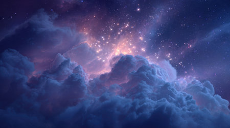 Appearing like a dream swirling clouds glow softly under a starry night sky. Brilliant lights peek through creating a magical and serene atmosphere.の素材