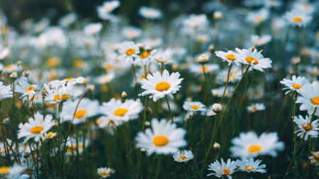 Daisies bloom in full glory across a sunny meadow showcasing their white petals and bright yellow centers. The scene captures the essence of spring filled with life and color.の素材