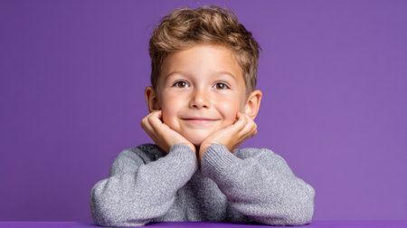 A young boy with curly hair smiles brightly while resting his chin on his hands against a purple background. His joyful expression captures a moment of innocence and happiness.の素材