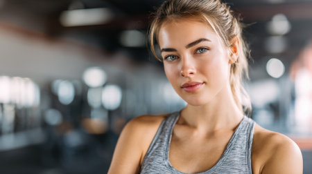 A young woman stands in a gym looking relaxed and confident. She wears a workout tank top and is ready to start her training surrounded by gym equipment in the background.の素材