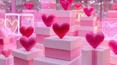 Heart-shaped decorations sit atop pastel boxes creating a cheerful scene filled with pink tones. The vibrant display adds joy to a festive atmosphere with soft lighting.の素材