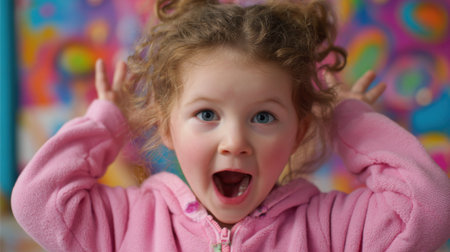 A happy young girl with curly hair wears a pink hoodie and makes playful gestures while smiling widely. The bright colors in the background enhance the cheerful atmosphere of the scene.の素材