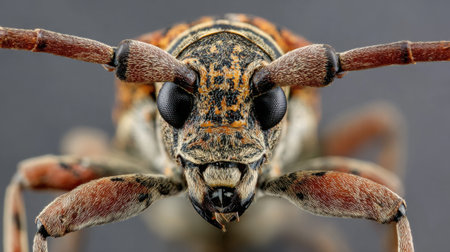 A prominent close-up view of a weevil highlights its intricate texture and color patterns. The image captures the weevils large eyes and distinctive snout revealing its fascinating structure.の素材