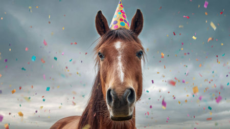 A horse wearing a colorful party hat stands amidst a shower of confetti in an outdoor setting. The scene captures a joyful celebration atmosphere perfect for a festive occasion.の素材