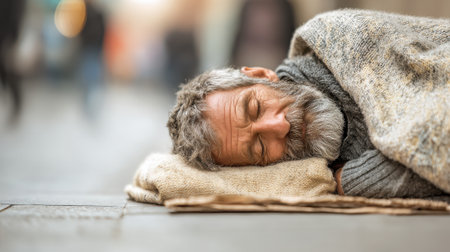 A man with gray hair sleeps peacefully on the sidewalk sheltered by a cozy blanket while people pass by.の素材