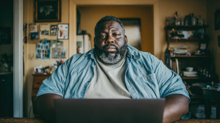 A man with a beard looks intently at his laptop immersed in tasks at home.の素材