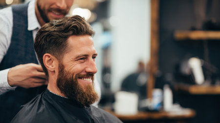 A man enjoys a grooming session at a modern barbershop smiling as a barber styles his hair.の素材