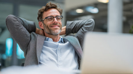 Man with glasses smiles while reclining in a comfortable office chair enjoying a moment of relaxation.の素材