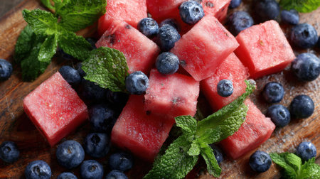 Bright chunks of watermelon and vibrant blueberries are arranged with fresh mint. This healthy treat is perfect for warm weather and adds a refreshing touch to any gathering.の素材