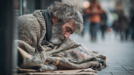 A weary man sits against a wall covered in a warm blanket as people walk by during midday.の素材