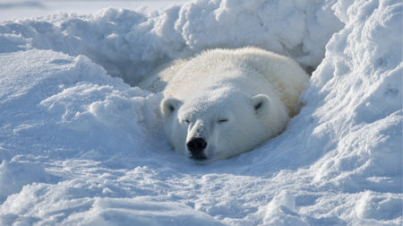 A polar bear lies peacefully in a snow cave, surrounded by white snowdrifts. The setting showcases a chilly Arctic landscape with bright sunlight casting soft shadows.の素材
