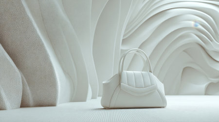 A white handbag is elegantly placed against a contemporary textured wall. The setting features smooth curves and a light color palette, enhancing the bag's design.の素材