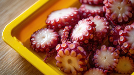 Freshly sliced octopus pieces arranged neatly on a vibrant yellow tray, showing off their unique texture and color. Perfect for seafood lovers looking for delicious options.の素材