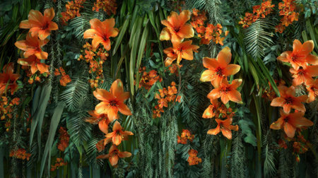 Vivid orange lilies mingle with lush green foliage in a beautiful floral arrangement. The setting exudes freshness and life, perfect for outdoor events or nature lovers.の素材