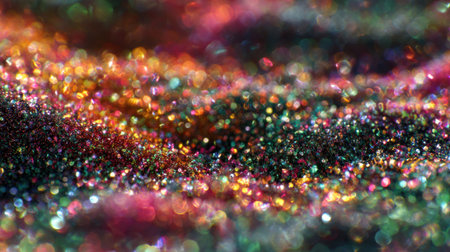 A close view captures an array of colorful glitter particles shimmering with vibrant hues. The tiny specks reflect light, creating a dazzling effect that invites the eye.の素材