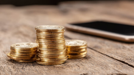 A close view of shiny gold coins neatly stacked on a rustic wooden table beside a smartphone. The warm atmosphere suggests a casual moment of counting or analyzing coins.の素材
