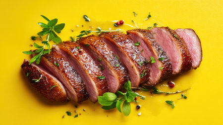 Sliced duck breast is arranged neatly on a bright yellow surface, garnished with fresh herbs, showing its rich color and inviting glaze.の素材