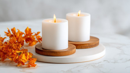 Two white candles with glowing flames rest on wooden bases, accompanied by orange flowers, creating a cozy and inviting atmosphere in a bright setting.の素材