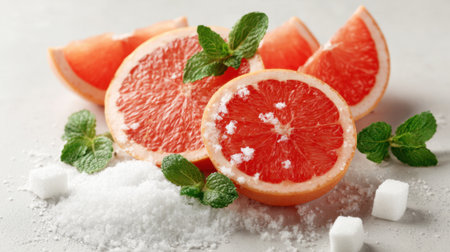 Fresh grapefruit slices are arranged with mint leaves and sugar on a clean surface, creating a refreshing, healthy snack. Perfect for summer enjoyment and vibrant meals.の素材