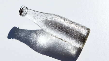 A clear glass bottle sits on a white surface, showing droplets of water on its outside. Light reflects off the bottle, creating a serene and refreshing scene in daylight.の素材