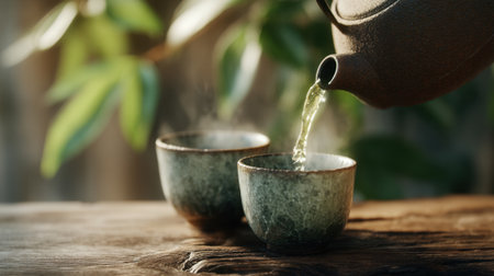 Hot green tea is being poured from a traditional teapot into two rustic cups placed on a wooden table. Lush green leaves create a calm backdrop for this soothing moment.の素材