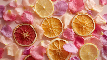 Citrus slices in various colors are surrounded by soft, pastel petals. This arrangement brings a fresh and lively ambiance, perfect for a festive occasion or home decor.の素材
